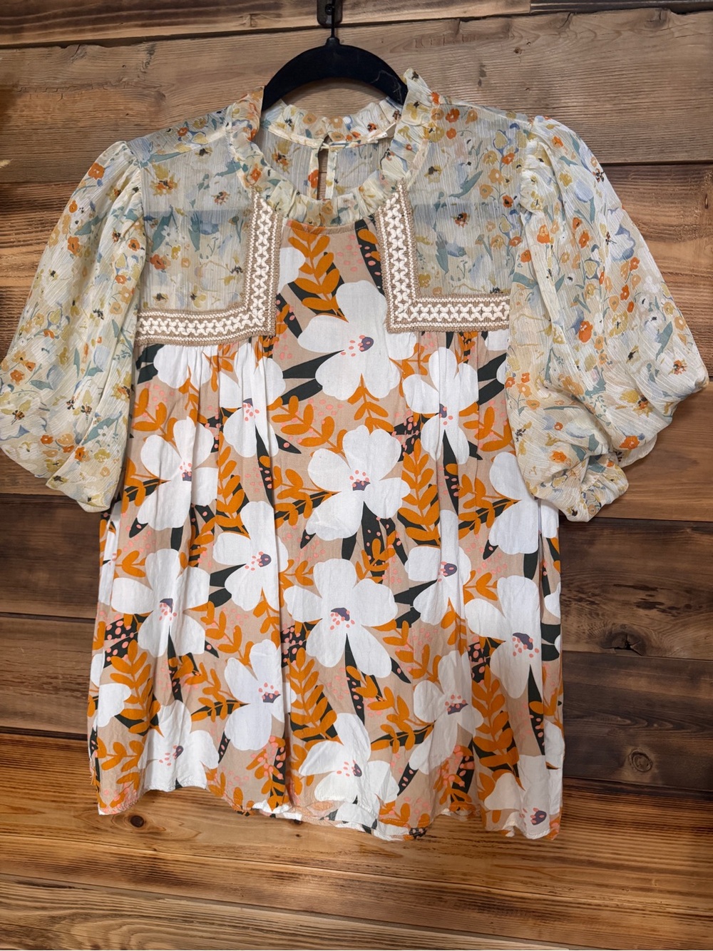 JODIFL Blouse Size Medium | Boho Floral Earthy Cream and Burnt Orange Embroider